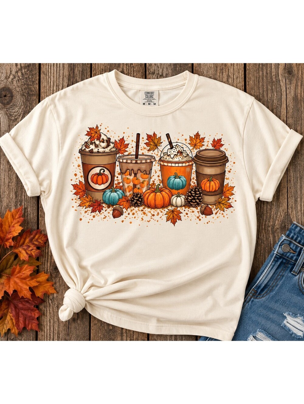 Cream Fall Coffee and Pumpkins Graphic T-Shirt